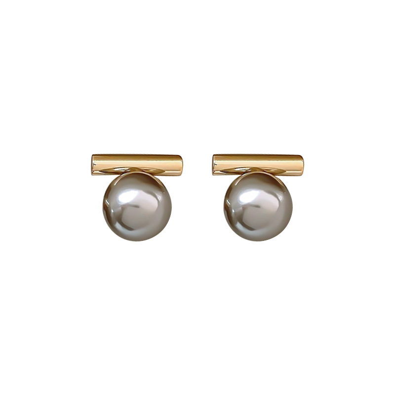 Sterling Silver Needle French Style Gray Pearl Metal Stud Earrings Retro Simple Elegant Earrings Ins Cold Earrings