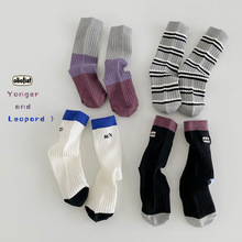 儿童袜子一件代发秋季新款条纹拼色字母宝宝中筒袜棉男童女童袜子