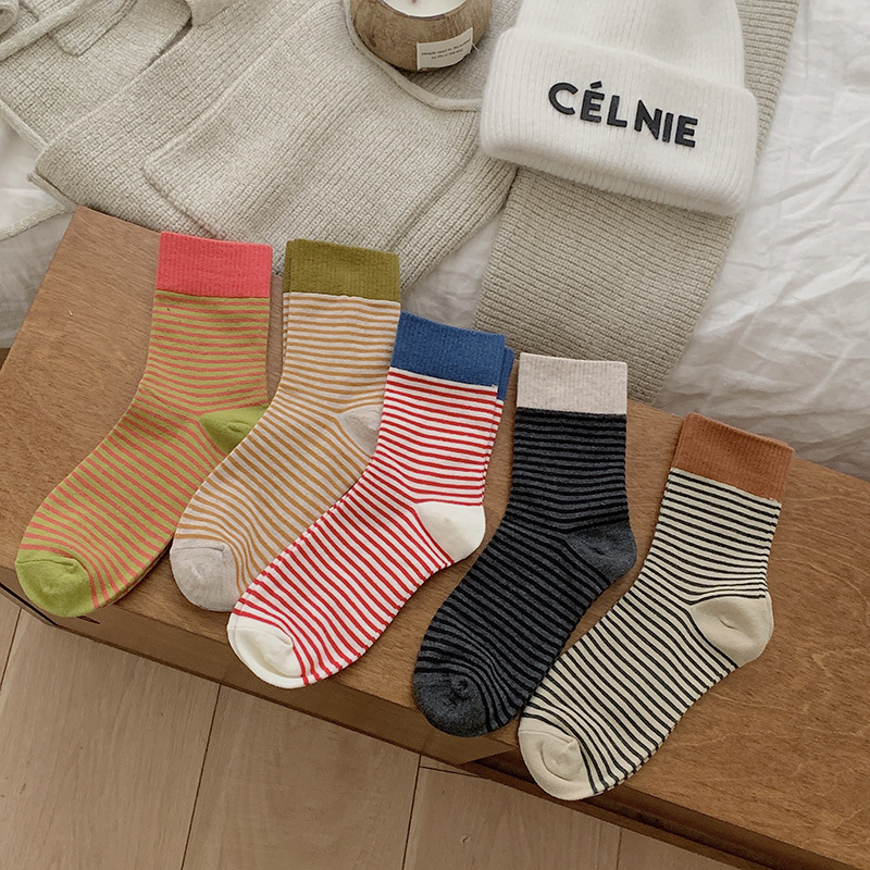 韩国东大门细条纹袜子女秋冬款撞色罗口森系堆堆袜ins百搭中筒袜