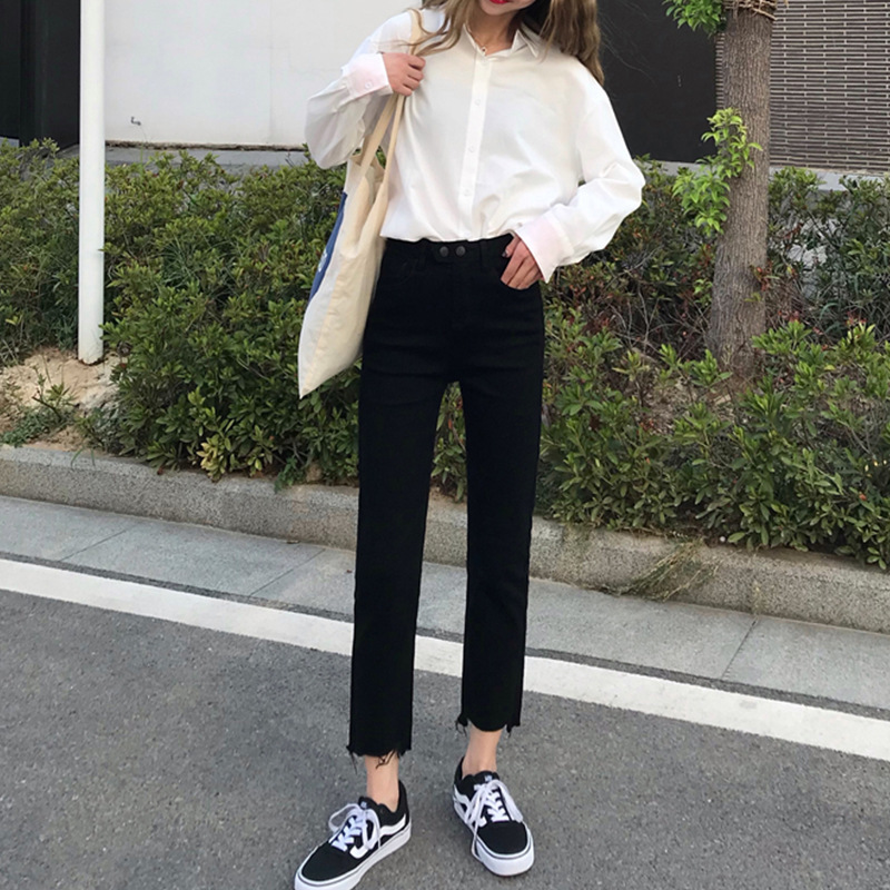 黑色筒裤高腰牛仔裤女九分裤2020新款韩版不规则直裤子秋季女学生