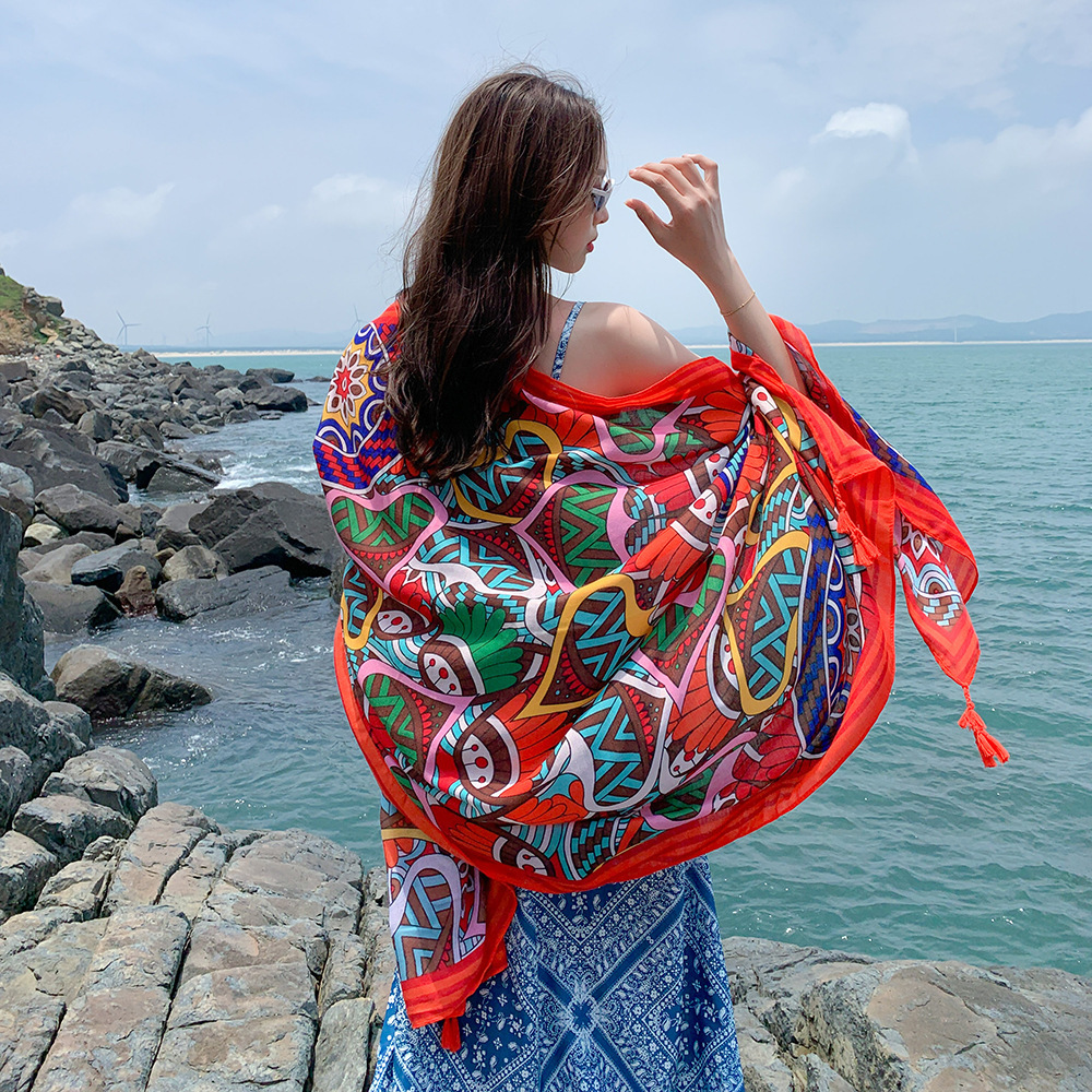新款夏季棉麻民族风旅游丝巾度假防晒围巾空调大披肩女海边沙滩巾