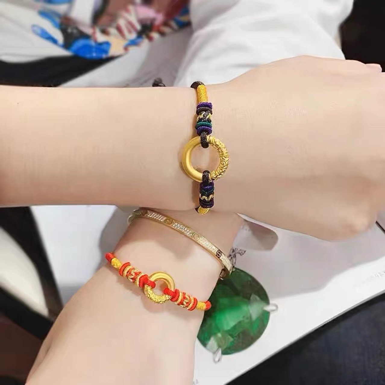 中国黄金如意平安扣手链黄金999足金本命年红绳转运珠男女情侣款