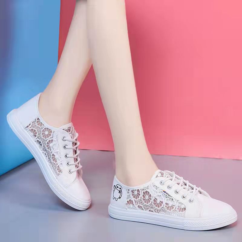 Women's Sandals Korean Style 2023 New Summer Mesh Versatile Flat Lace Closed Toe Canvas Women's Foreign Trade Single