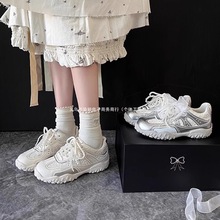 真皮~复古珍珠芭蕾银色德训鞋女春夏月牙底内增高休闲运动阿甘鞋