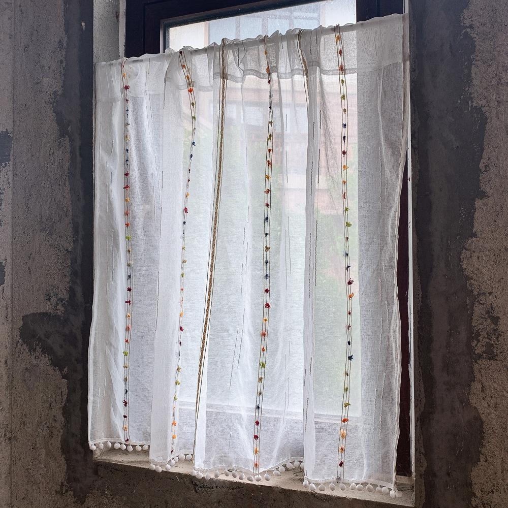 口袋穿杆式窗帘半帘纱帘日式小清新隔断门帘厨房遮丑咖啡短帘跨境