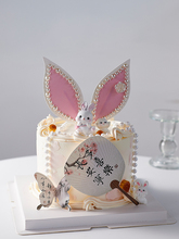 中秋节蛋糕装饰品摆件粉色兔耳朵月饼可爱小兔子扇子蝴蝶插牌插件