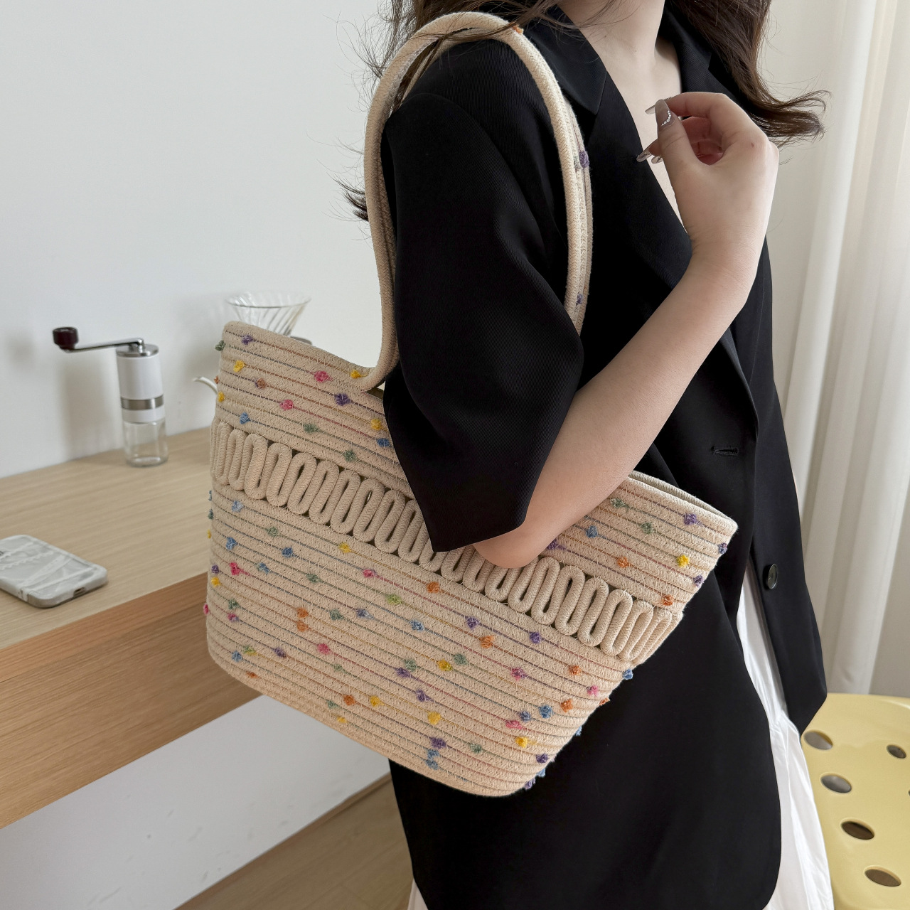 新款彩豆棉线编织菜篮子包2024个性可爱百搭度假风沙滩包单肩女包