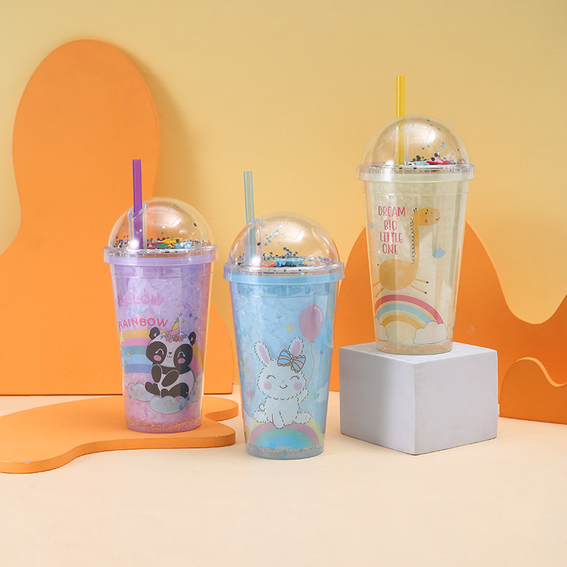 Summer Creative Cartoon Pattern Crushed Ice Cup Cute Design Cup with Straw Portable Double Layer Plastic Drink Cup Wholesale