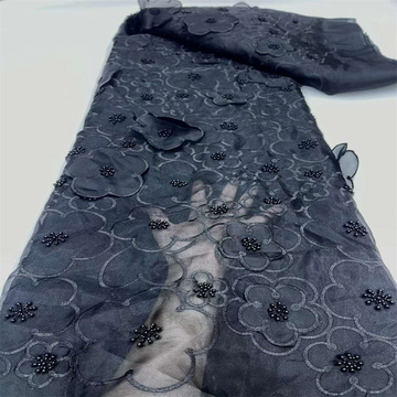 2024 3d新款高档刺绣花边蕾丝网纱面料旗袍礼服连衣裙服装面beade