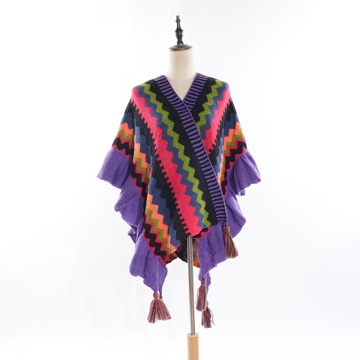 2023 Autumn and Winter New Bohemian Ethnic Style Rainbow Striped Outer Shawl Fashionable Stringy Selvedge Women's Cloak