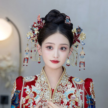 新中式新娘秀禾服头饰红色造液花琉璃花朵复古流苏古风秀禾头饰