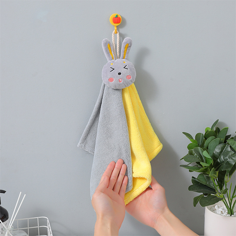 Coral Fleece Cartoon Rabbit Absorbent Towel Kitchen Bathroom Hand Cleaning Cloth Children's Hand Washing Can Hang Hand Towel