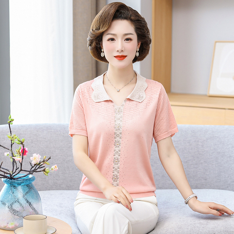 Mom Lapel Underwear Blouse 2023 Summer New Large Size Women's Clothing Youthful-Looking Loose Western Style Middle-Aged and Elderly Short Sleeve Top