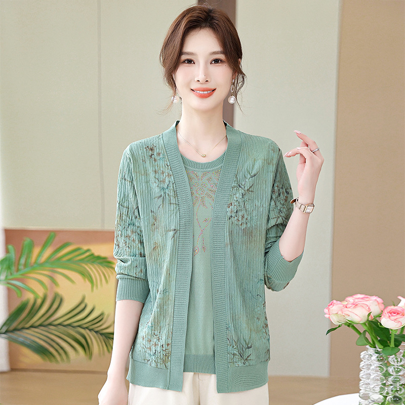 中年妈妈秋装气质两件套装阔太太针织开衫上衣中老年女春秋外套薄