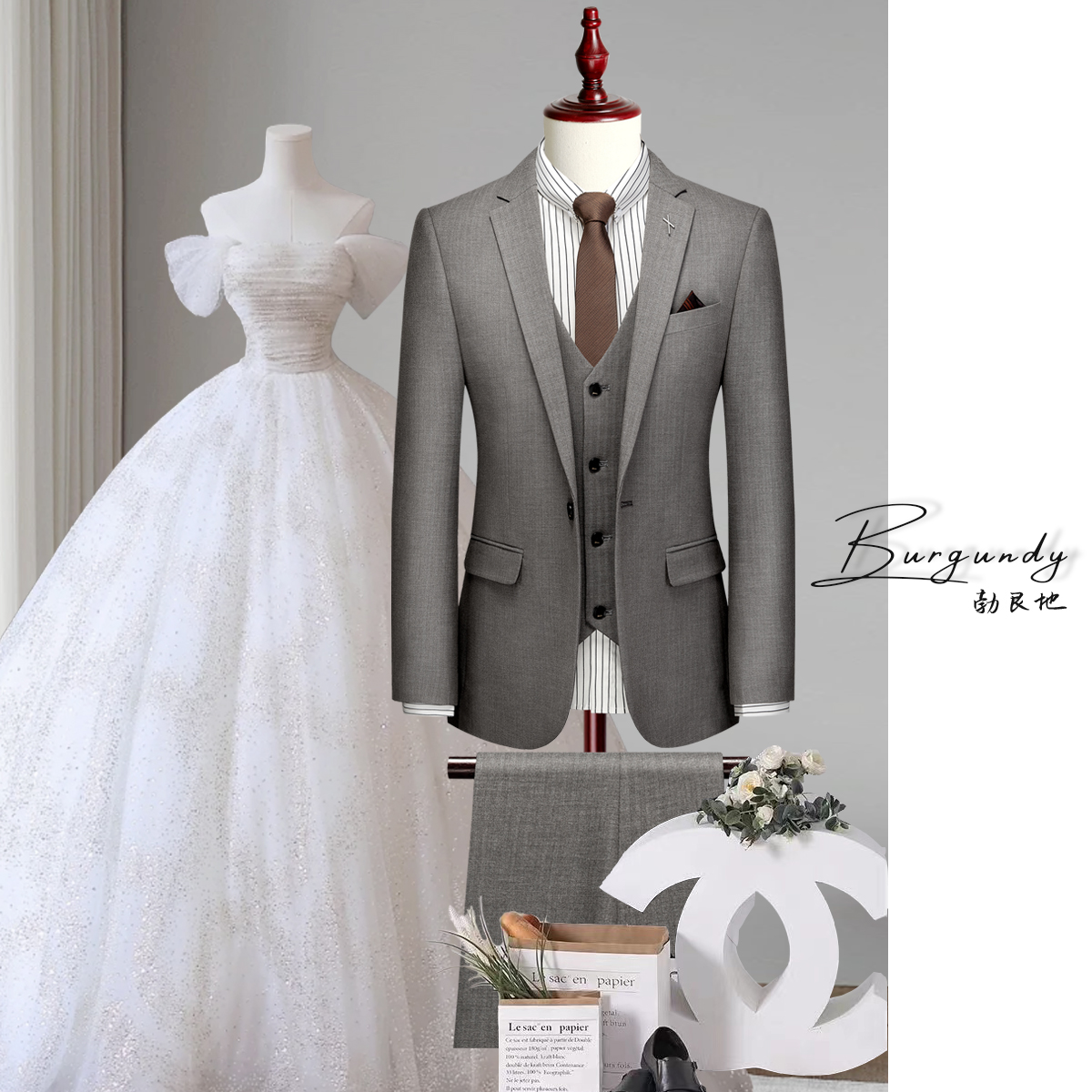 burgundy高定西服新郎结婚套装男士礼服修身正装英伦风西装三件套