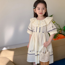 韩国女童连衣裙夏季复古宫廷风娃娃领刺绣花朵设计宽松泡泡袖裙子