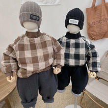 韩国儿童黑白格子夹棉套头衫中大童一件过冬半高领插肩袖保暖卫衣