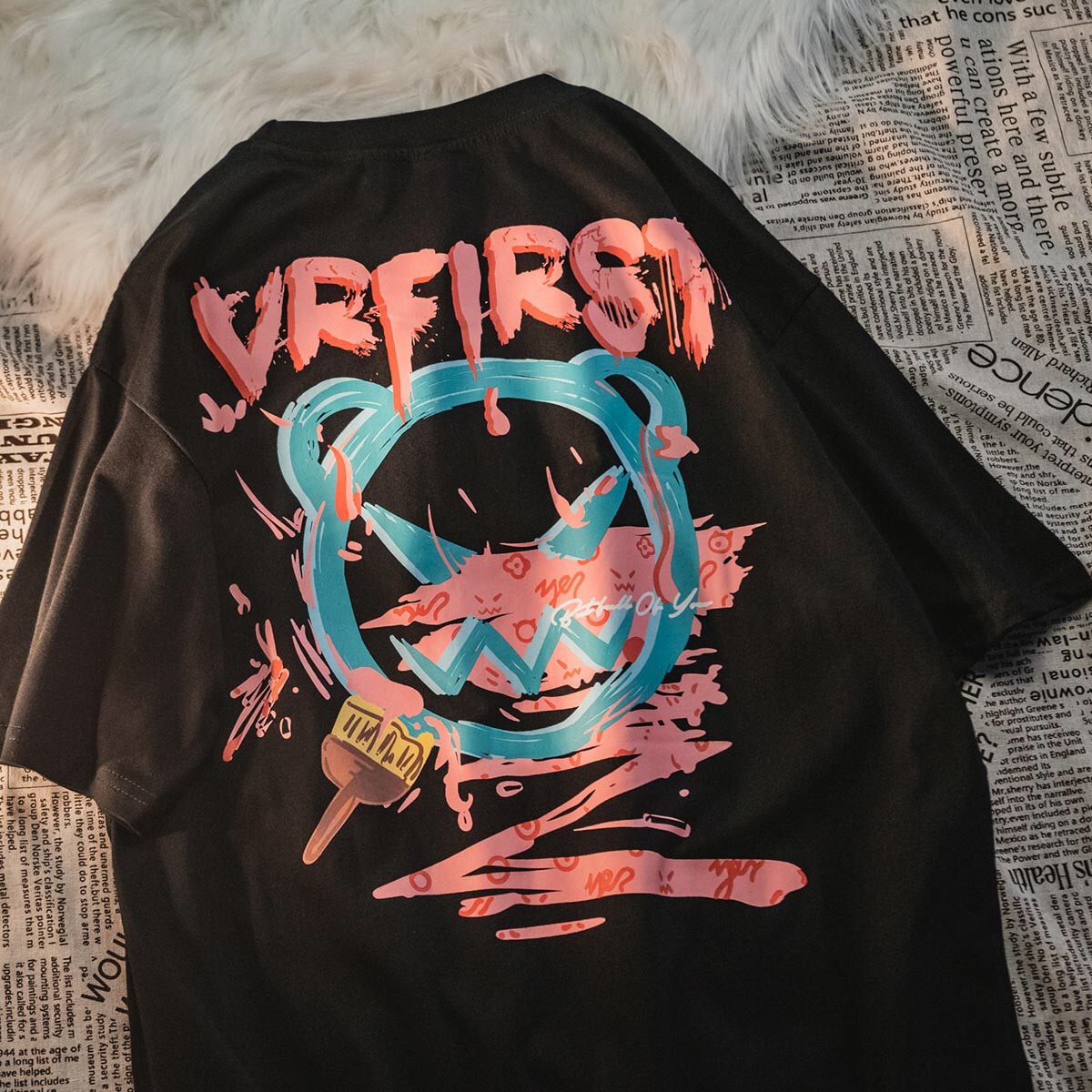 夏季ins潮流趣味涂鸦图案印花男女同款搞怪宽松情侣装圆领短袖t恤