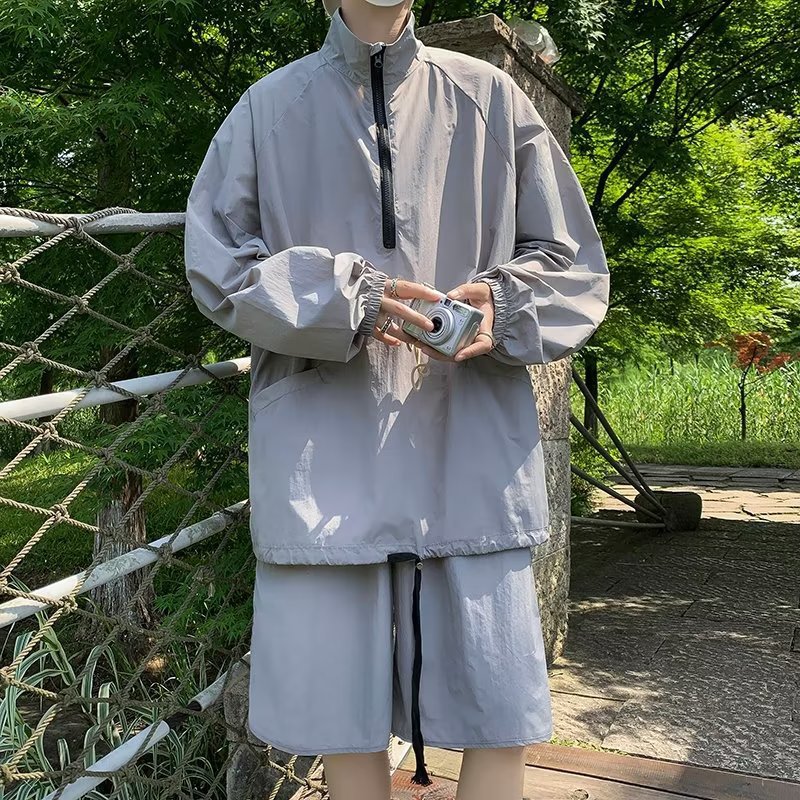 运动服套装男夏季潮牌半拉链冰丝防晒衣一套搭配帅气时尚休闲短裤