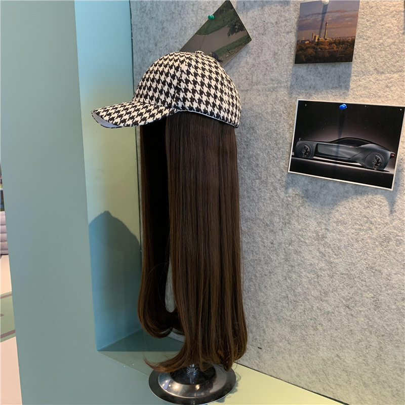 韩版千鸟格棒球帽隐形可拆卸鸭舌帽女士四季通用百搭休闲假发帽子