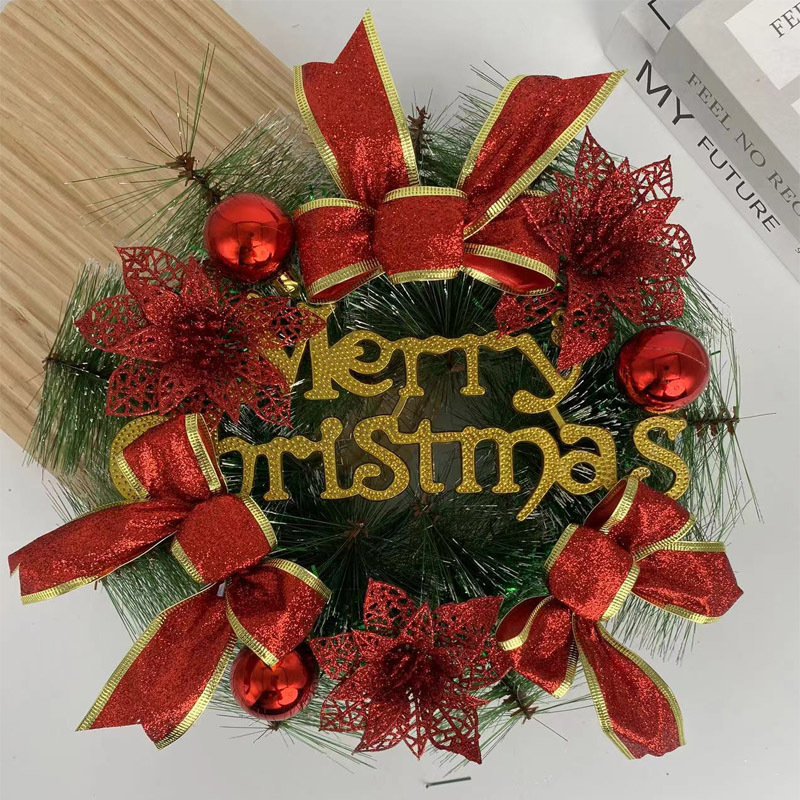 亚马逊爆款圣诞节花环藤条30cm圣诞节装饰花环门挂场景三朵红花蝴