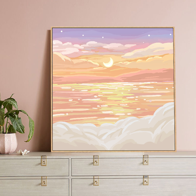 秋夜月风景云天空填色礼物数字油画diy手绘丙烯油彩画装饰画