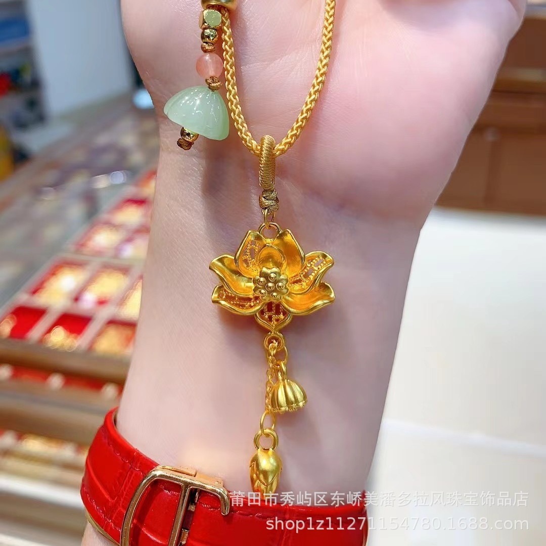 两世欢莲花吊坠5d硬金 999足金莲蓬花苞两世欢素金项链女批发走量
