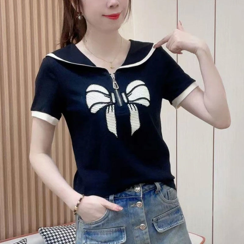 Sweet Elegant Women's T-shirt 2023 Summer Sailor Collar Bow Fashion Loose and Slimming Younger Women's Top