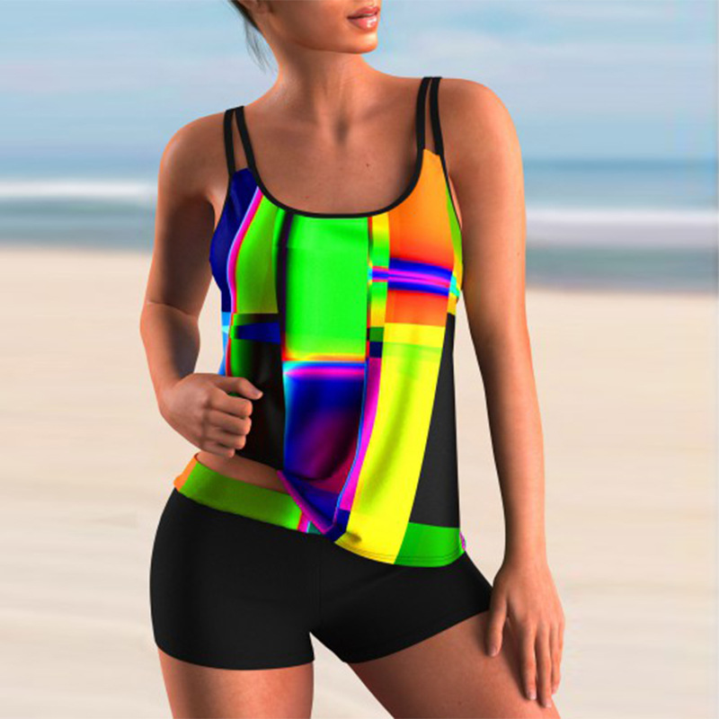 2022跨境欧美新款泳衣 时尚拼色印花女士分体高腰齐腿裤比基尼