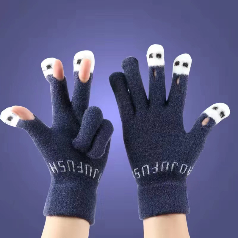 Half Finger Flip Gloves Winter Wool Knitting Gloves Touch Screen Thickened Warm-Keeping and Cold-Proof Student Riding Female Winter Open Finger