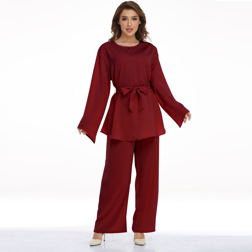 Cross-Border European and American plus Size Women's Clothes Muslim Robe Lace-up Dress Two-Piece Set Amazon Hot Sale