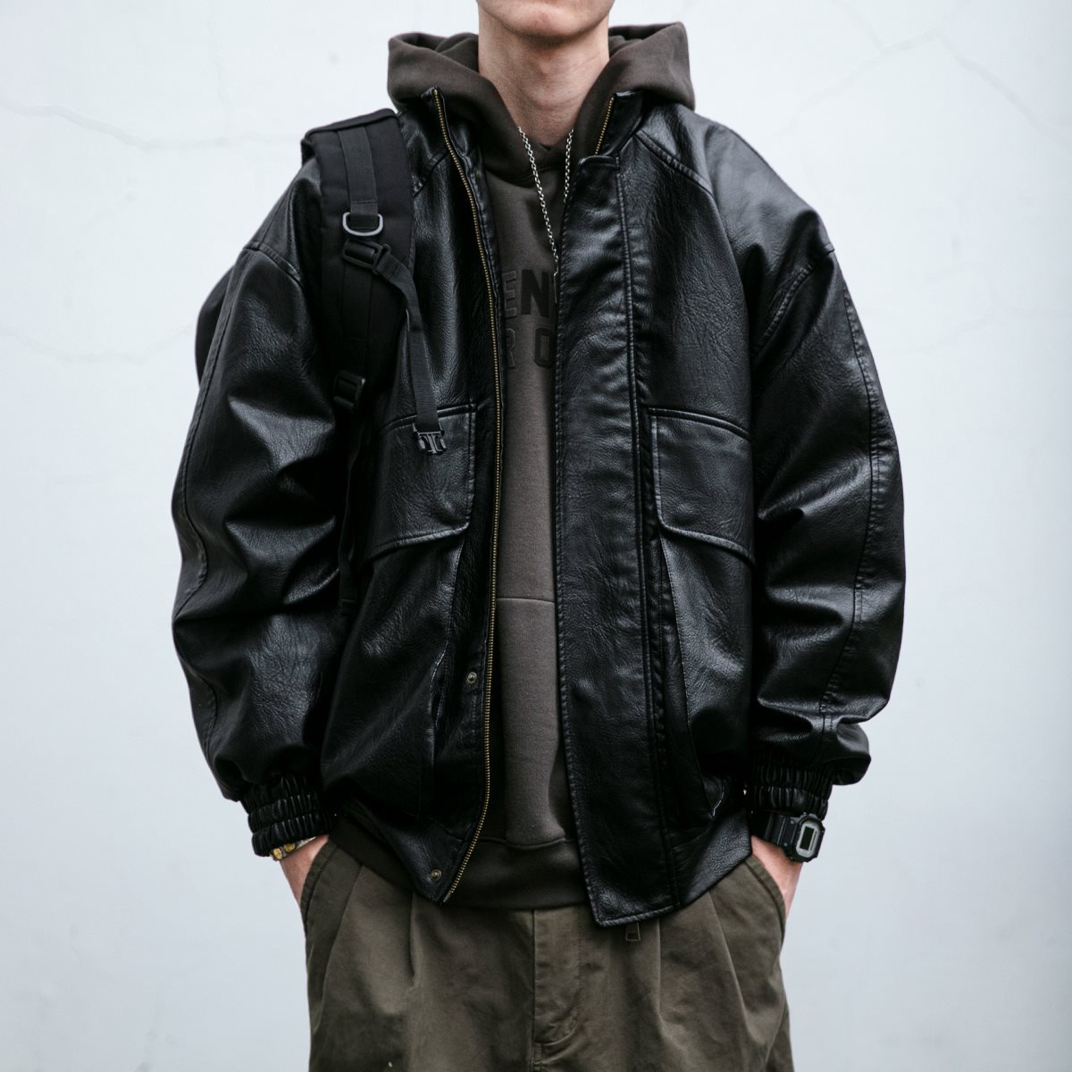 美式复古经典工装ma1飞行员夹克pu皮衣男春秋宽松机车服立领上衣
