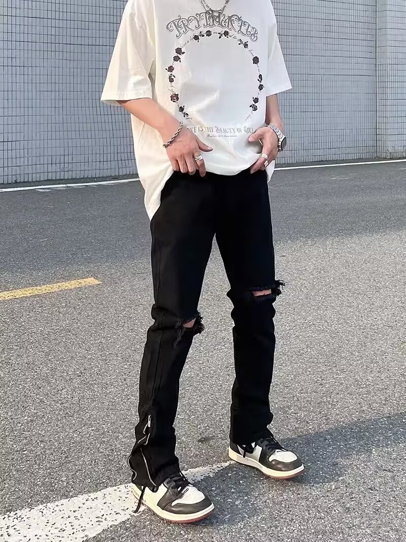 韩版风格复古高街破洞牛仔裤长裤修身小脚破洞裤男ins牛仔裤男潮