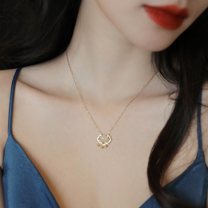 Chinese Style New Opal Safety Lock Pendant Necklace Women's Simple Fashion Sense Necklace Light Luxury All-Match Clavicle Chain