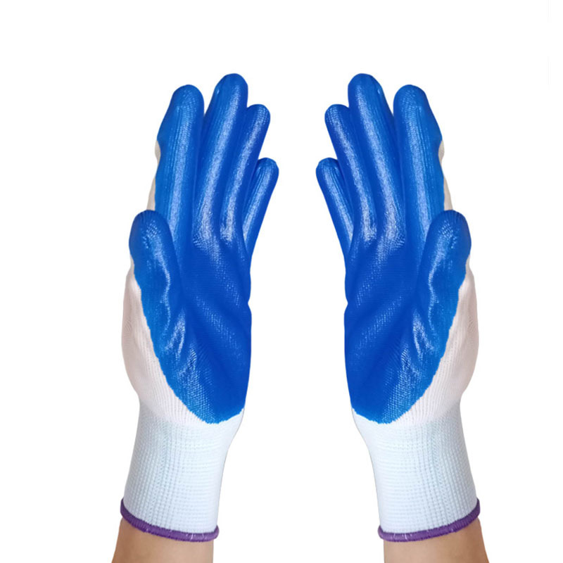 蓝色挂胶手套加厚防水耐油尼龙丁腈浸胶手套丁青睛胶皮蓝胶手套