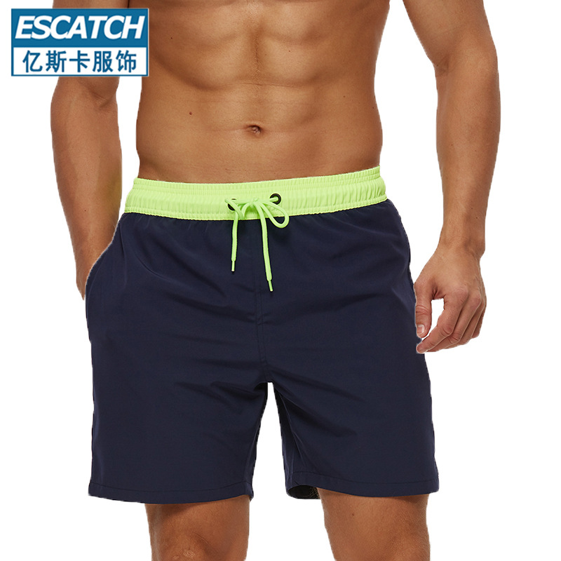 Escatch Men's Solid Color Four-Point Casual Shorts Pocket Zipper Beach Pants Full Elastic Force Sports Shorts