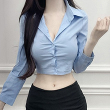 韩国东大门新款修身性感显胸大单排扣短款露腰百搭长袖衬衫女装