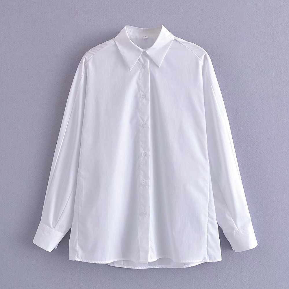 2021欧美风春季新款女式翻领简约纯白长款系扣宽松衬衫