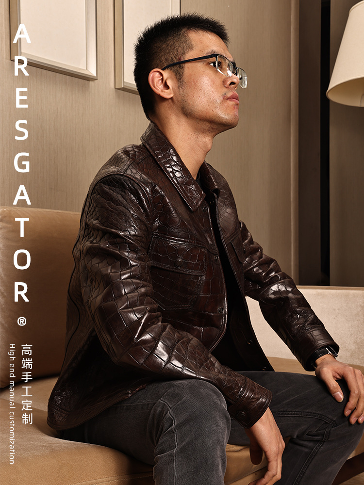 aresgator鳄鱼皮衣现货单排扣翻领休闲擦色直下摆鳄鱼真皮皮衣男