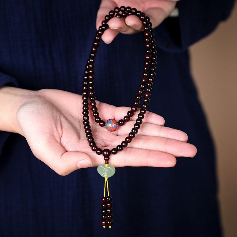 小叶紫檀108颗佛珠念珠老料手串 大漆珠和田玉吊坠情侣款手链