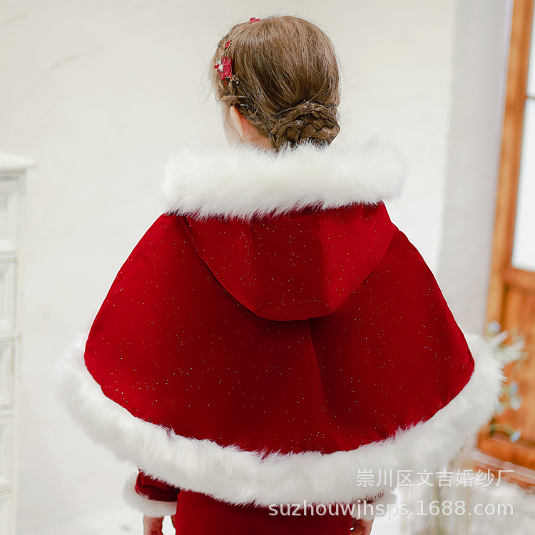 儿童斗篷毛领披肩加厚保暖丝绒红色中长款女公主披风带帽子圣诞节
