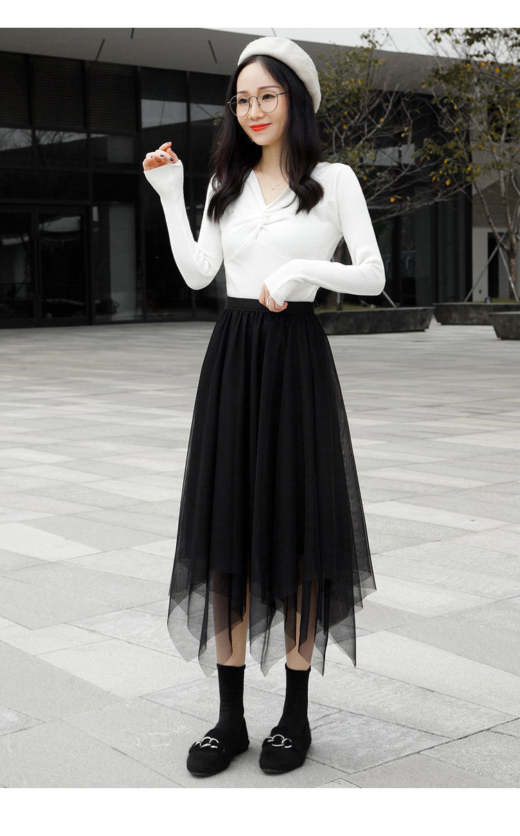 不规则网纱半身裙2021秋季新款中长款百褶仙女裙高腰显瘦黑色纱裙