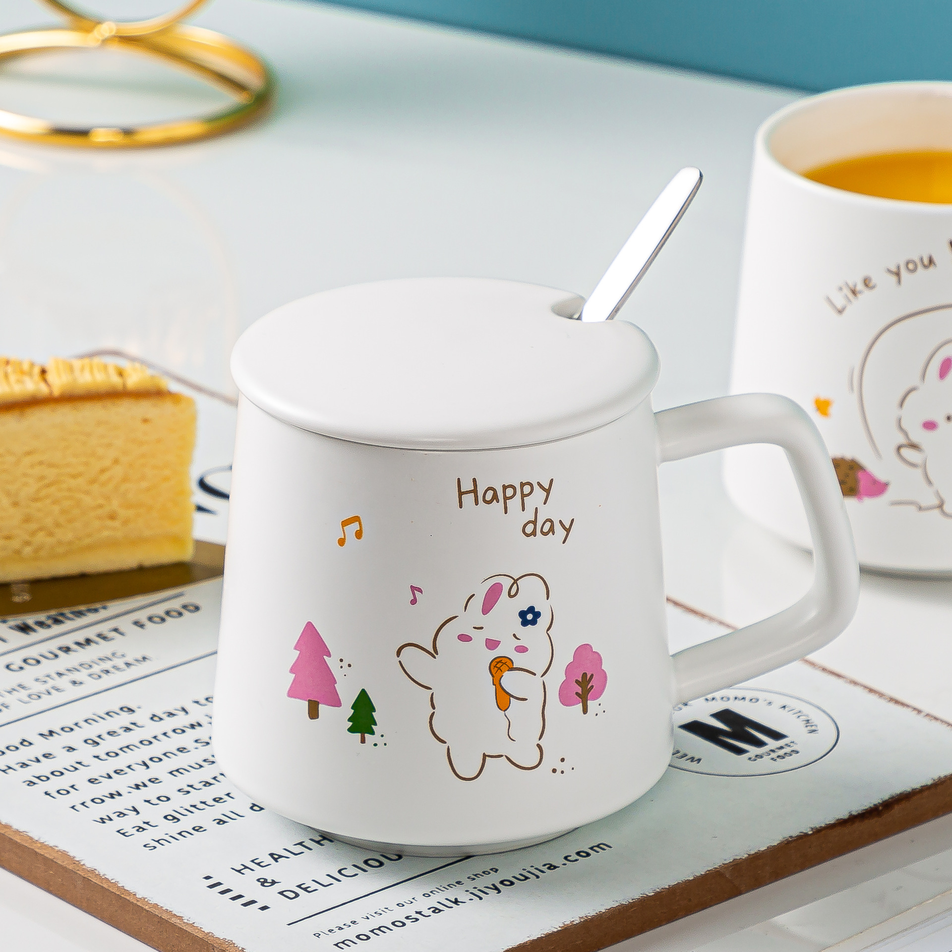 白色卡通小兔兔陶瓷杯创意套装马克杯可爱小白兔水杯男女喜欢杯子