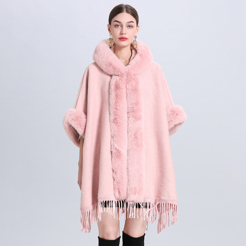 869# Live Hot Loose Velvet Thickened Fur Collar Hood Tassel Knitted Shawl Cape Oversized Woolen Coat