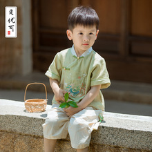 2023年夏款新品男童端午节刺绣古风儿童短袖短裤粽子套装中国风