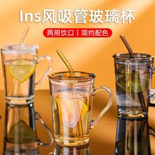 玻璃杯带把手ins风高颜值女带吸管喝水杯子男家用带盖早餐牛奶杯