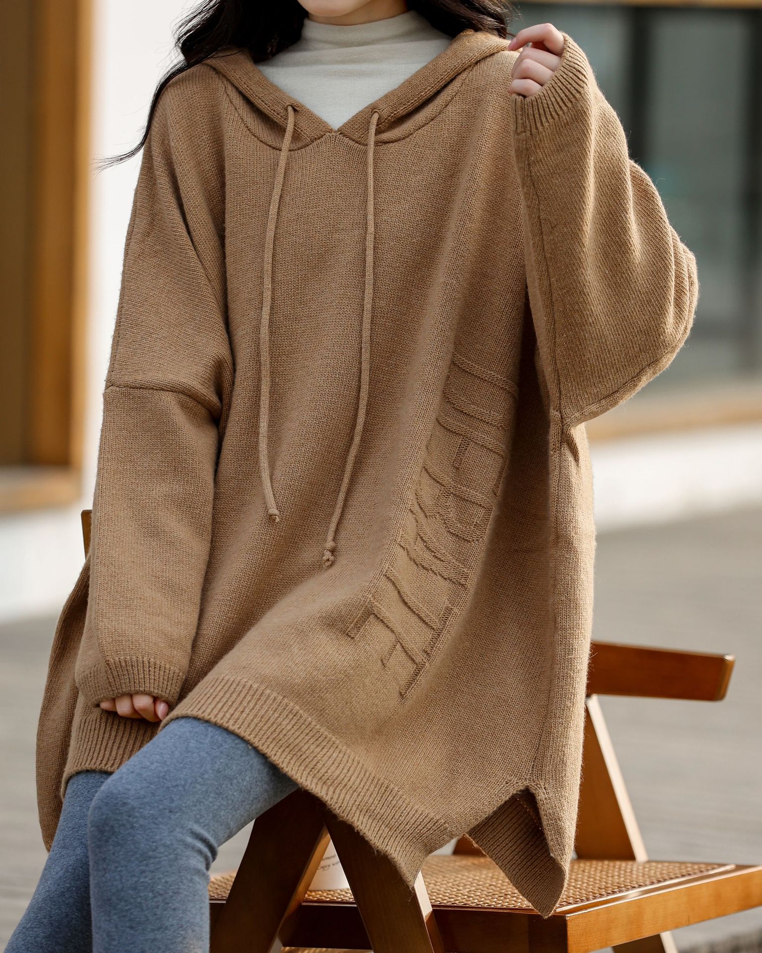 字母连帽套头毛衣女 大码春季韩版纯色宽松卫衣休闲针织羊毛衫