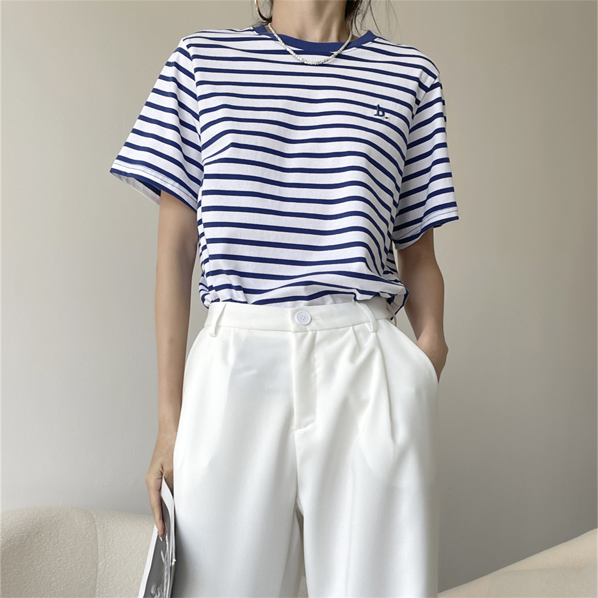 梦子汐韩系 b字母刺绣条纹t恤女夏季圆领减龄显瘦短袖上衣 x1102