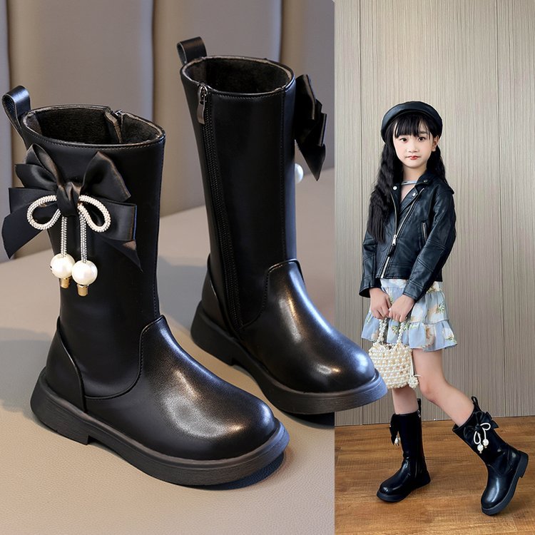 2024秋冬新款黑色英伦风女童马丁靴高筒长靴小女孩儿童骑士靴外贸
