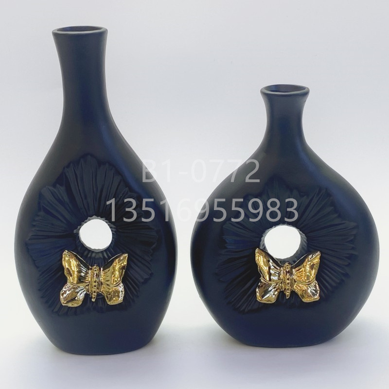 Modern Minimalist Ins Style Matte Black Golden Butterfly Leaf Pattern Vase Creative Ceramic Vase Geometric Flower Flower Container